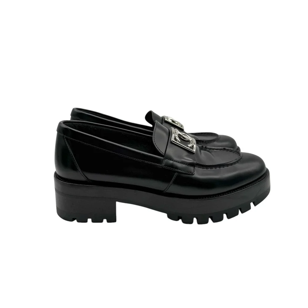 CHANEL Calfskin Metal CC Loafers Black Women's Size 38.5